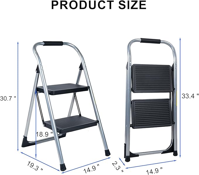 2 Step Ladder for Kitchen Step Stool, Lightweight Folding Step Stool with Curved Safety Handrail, Auto-Lock Mechanism & Non-Slip Wide Pedals, Slim&Foldable for Home Indoor（Sliver）