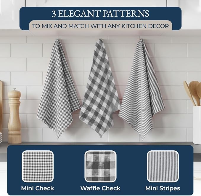 LANE LINEN Kitchen Towels and Oven Mitt Set 20 Pc - Lint Free Cotton Dish Towels for Kitchen Drying, Cozy Terry Dish Rags, Flour Sack Towels for Sourdough Bread Proofing & Quilted Pot Holders - Grey