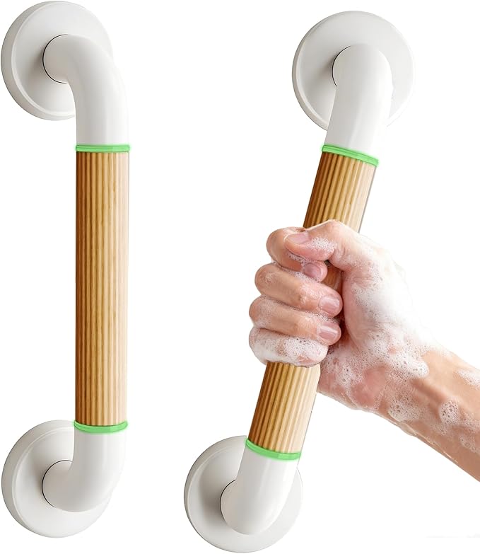Grab Bars for Shower, 2 Pack 16 Inch Bathtub and Bathroom Safety Handle for Seniors, Anti-Slip Faux Wood Grip, Heavy Duty Shower Handles, Supports up to 500 lbs for Elderly, (Slim Thin Strip)