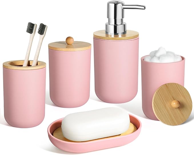 Pink Bathroom Accessories - 5 Pcs, Plastic Decor Set, Soap Dispenser, Toothbrush Holder, Soap Dish, Cotton Swab Jar, Boho Organizer