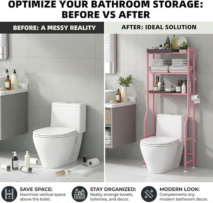 GloTika 3-Tier Over Toilet Storage with Anti-Tilt Safety System - 150lb Total Capacity Metal Bathroom Shelves Including Paper Holder & 4 Hooks, Space Saving Above Commode Organizer (64" H, Pink)