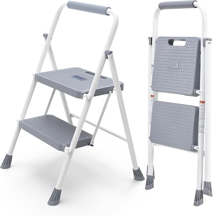 OLIXIS 2 Step Ladder, 800lbs Capacity Foldable Step Stool with Anti-Slip Pedal, Sturdy Steel Ladder & Comfortable Handrail, Protable Heavy Duty Step Stool for Kitchen, Garage, Outdoor Use - Grey