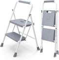 OLIXIS 2 Step Ladder, 800lbs Capacity Foldable Step Stool with Anti-Slip Pedal, Sturdy Steel Ladder & Comfortable Handrail, Protable Heavy Duty Step Stool for Kitchen, Garage, Outdoor Use - Grey