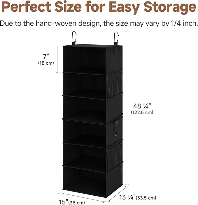 StorageWorks Hanging Closet Organizer 6-Shelf, Jumbo Separable Two 3 Shelf Closet Storage Organizer with Side Pockets, Portable Hanging Shelves for Wardrobe, RVs, 13" D x 15" W x 48 ¼"H, Black