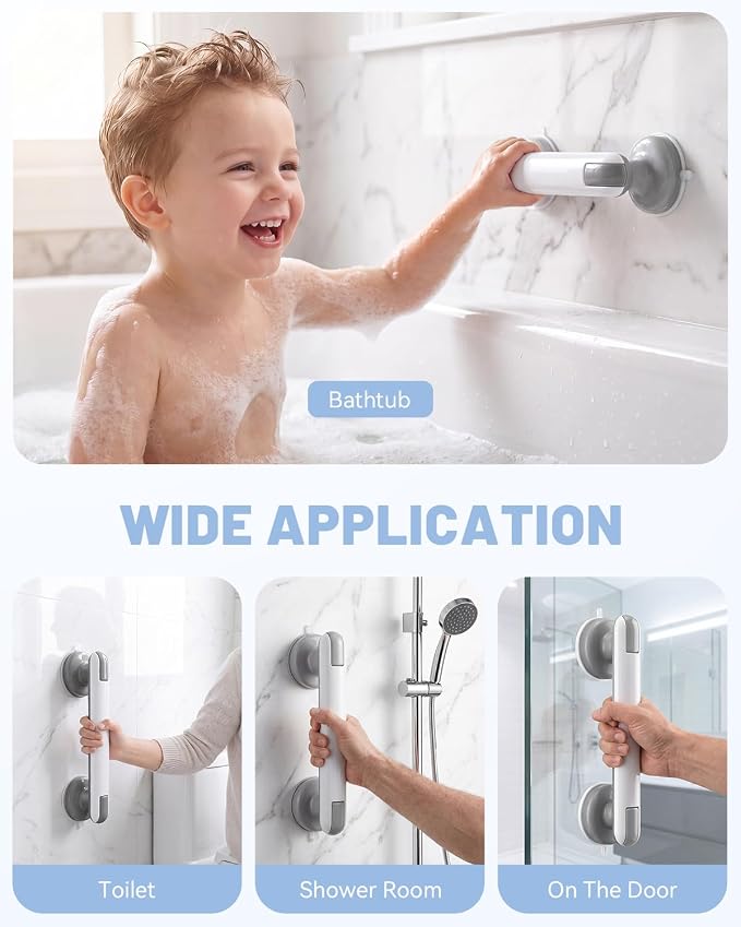 JOTPE Suction Grab Bars for Bathtubs and Showers 2 Pack, Heavy Duty Shower Handle for Seniors, No Drilling Removable Bathroom Safety Bar with Strong Suction for Balance Support, White & Gray