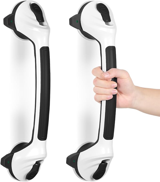 KVANT Shower Grab Bars for Seniors, 16.5 Inch Shower Handle (Black White) | Safety Signal Indicators, Strong Suction Cup, Easy Installation, No Drill, Removable, Anti-Slip, Waterproof