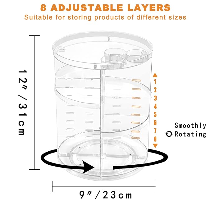 Rotating Makeup Organizer, DIY 8 Adjustable Layers Spinning Skincare Storage, Cosmetic Display Case with Brush Holder and Perfume Tray, Multi-Function Vanity Bathroom Countertop Organizer Clear