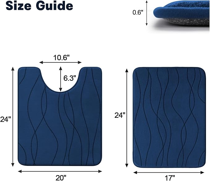 YIHOUSE Memory Foam Bathroom Rug Sets, Navy Blue, 2 Piece-U Shape Small Mat | Ultra Soft, Absorbent, Non-Slip, Machine Washable