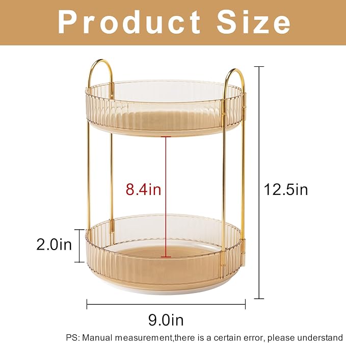 INVSSENE 360 Rotating Makeup Organizer, Yellow, Unisex, 2 Tier Countertop Storage, Large Capacity, Cosmetics, Perfume, Skincare, Lipsticks