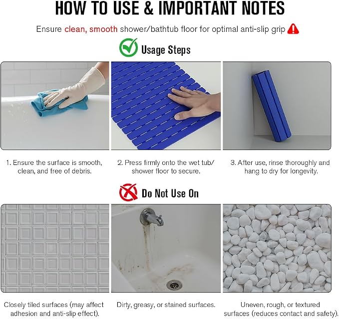 MBOSS Bath Tub Shower Mat Non Slip Bathtub Mats for Bathroom Shower Floor Mat Bath Mats for Shower Tub Anti Slip Shower Mat with Drain Hole and Large Suction Cups(Deep Blue, 27.5 X 15.7 Inch)