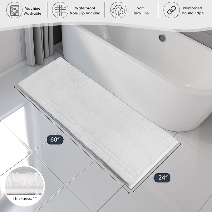 PURRUGS Bathroom Rug Non-Slip Machine Washable 24" x 60", Super Absorbent and Quick Dry Shaggy Microfiber Bath Mat, Extra Soft and Plush Bath Rug for Bathtub, Shower, and Sink, White