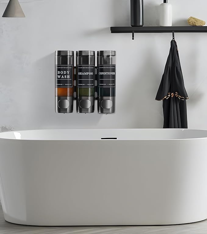 Cabo Deseado Shower Soap Dispenser Wall Mounted No Drill Shampoo Dispenser for Shower Wall Shampoo and Conditioner Dispenser Bathroom Hotel 3 * 350ml Gungray with Labels