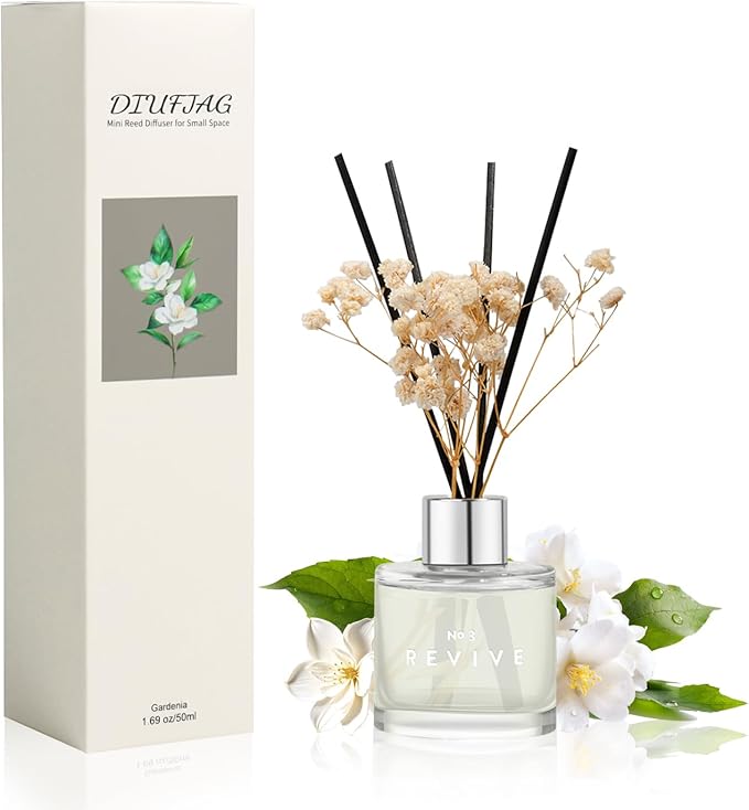 Gardenia Bathroom Diffuser, 1.7 oz Reed Diffuser with Dried Flower for Small Place, Last up to 30 Days