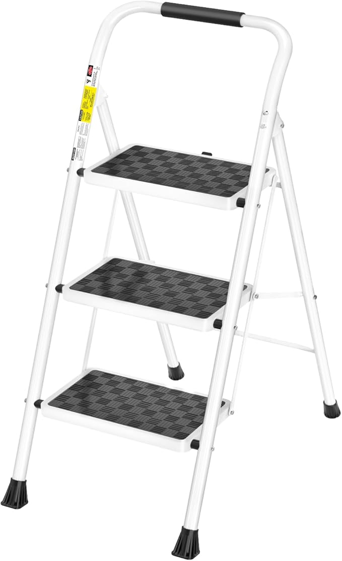 HBTower 3 Step Ladder,3 Step Stool for Adults Folding Step Stool with Cushioned Handle with Wide Anti-Slip Pedal Ergonomic Design