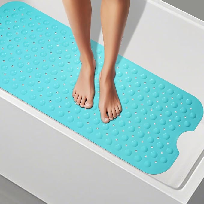 WarmSnow Long Bathtub Mat Non Slip 39.5 x 16 Inch, Inside Shower Mats with Suction Cups & Drain Holes, Soft TPE Bath Mat for Tub, Quick-Drain Bathroom Floor Mats, Blue