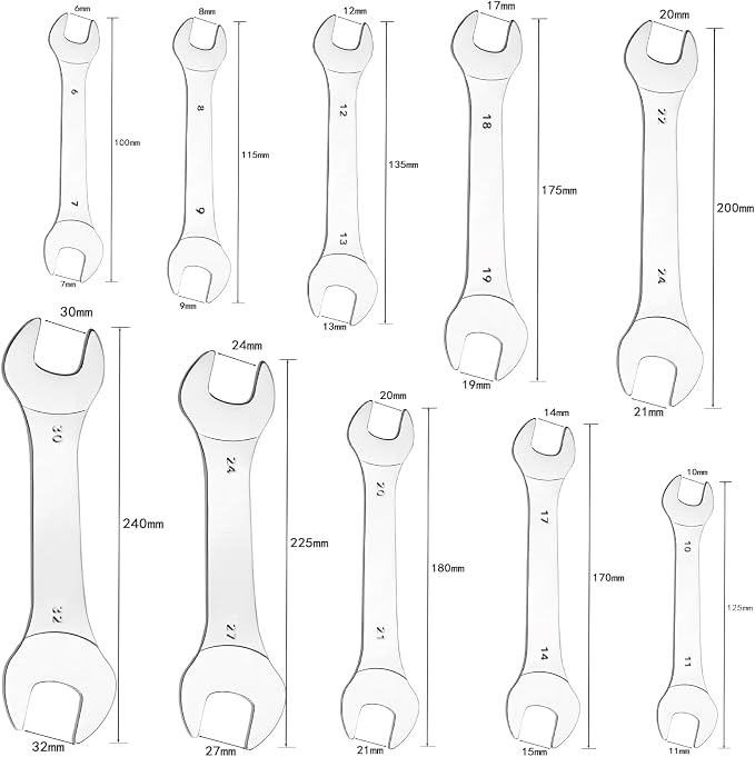 Super-Thin Open End Wrench, 3mm Ultra Thin Open End Wrenches 10 Size Chrome Vanadium Steel Wrench for Tight Spots Repair
