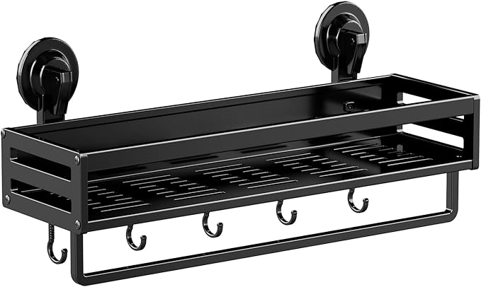 Suction Cup Shower Caddy, 15.7 inch Extended Version, with 5 Hooks & Towel Rrack, No Drilling Required, Rust-Resistant Bathroom Shower Organizer, Black