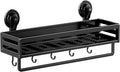 Suction Cup Shower Caddy, 15.7 inch Extended Version, with 5 Hooks & Towel Rrack, No Drilling Required, Rust-Resistant Bathroom Shower Organizer, Black