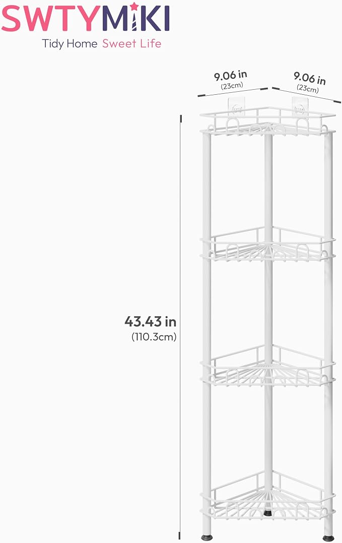 SWTYMIKI Standing Shower Caddy Corner - 4‑Tier Stainless Steel Shower Organizer Shelf with 16 Hooks and Adhesive Pads, Rustproof Corner Shelves Stand Rack for Bathroom Shower Room, white