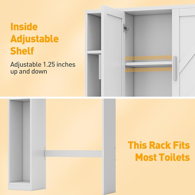 Over The Toilet Storage Cabinet with 7 Storage Shelves, Above Toilet Bathroom Organizer with Toilet Paper Holder Stand, Behind Toilet Cabinet, Space Saver for Restroom, Bathroom, Laundry, White