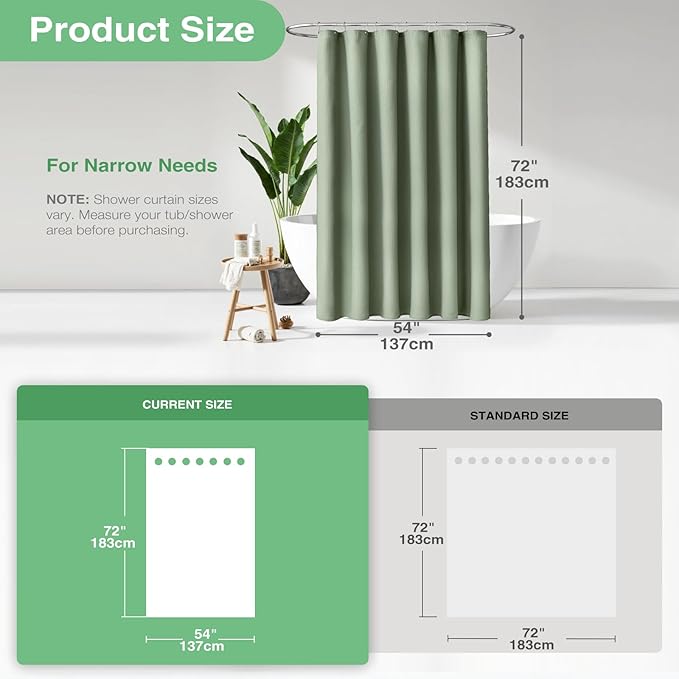 Dynamene Stall Fabric Shower Curtain - 54 inch Wide Waffle Weave Weighted Thick Cloth Shower Curtains for Bathroom, Heavy Duty Hotel Spa Luxury Bath Curtain Set with 10 Hooks, 54x72, Sage Green