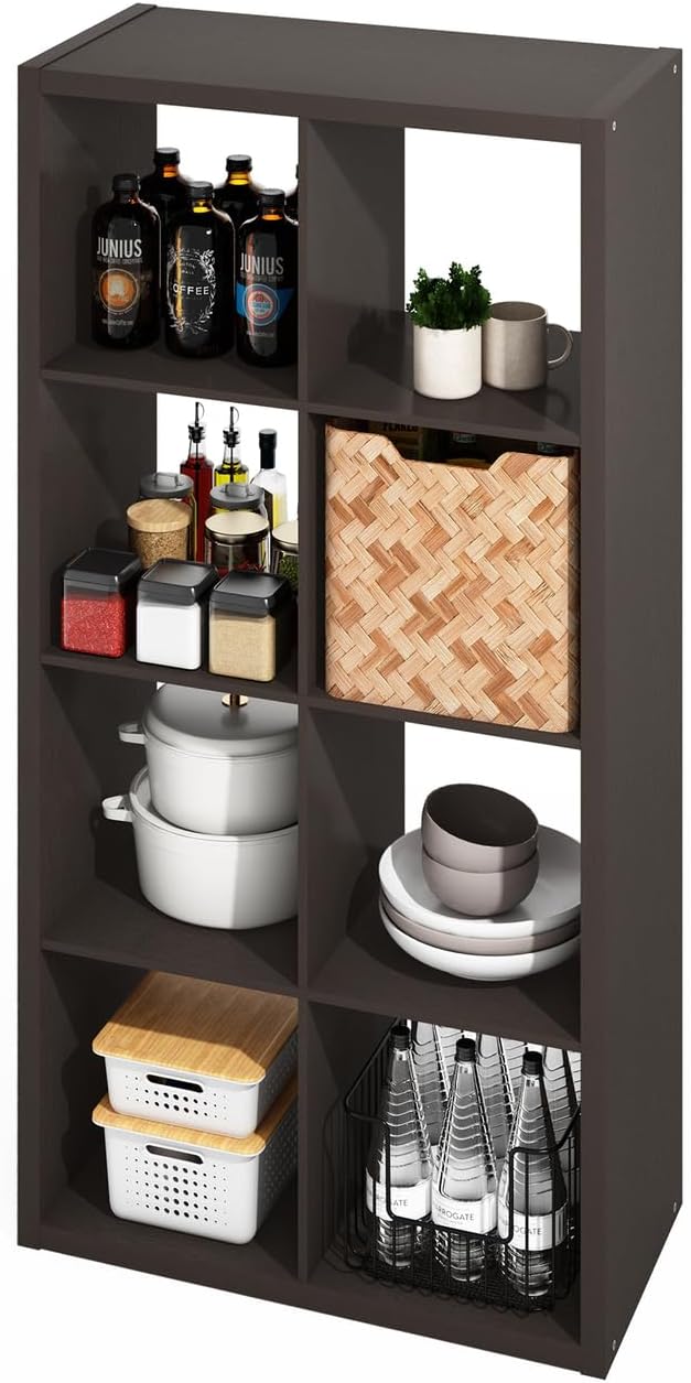 Furinno HERMITE Kitchen Island, 8-Cube Coffee Bar, Extra Thick Kitchen Storage, Bakers Rack, for Pantry Organizers and Storage, Kitchen Organization, Black Dark Oak
