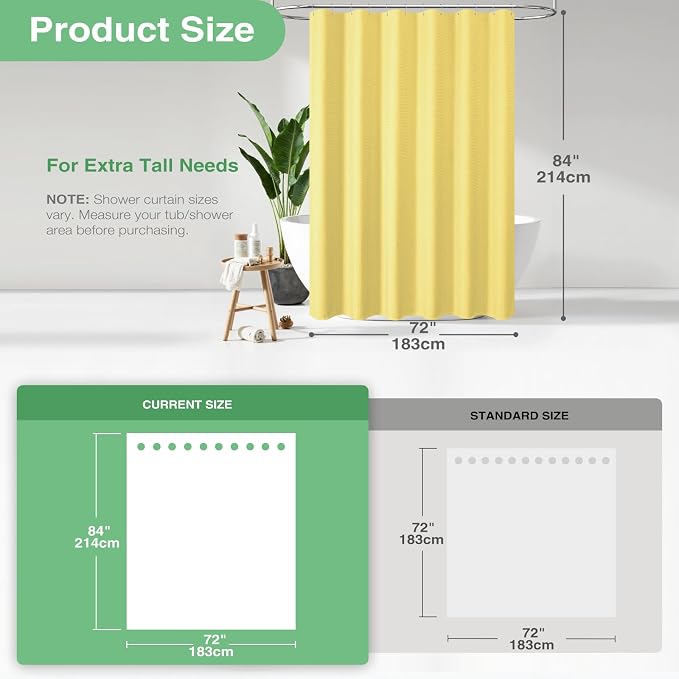Dynamene Extra Long Shower Curtain - 84 Inch Long Waffle Weave Heavy Duty Fabric Bathroom Shower Curtain, Neutral Weighted Hotel Thick Bath Curtain Set with 12 Plastic Hooks,72x84, Yellow