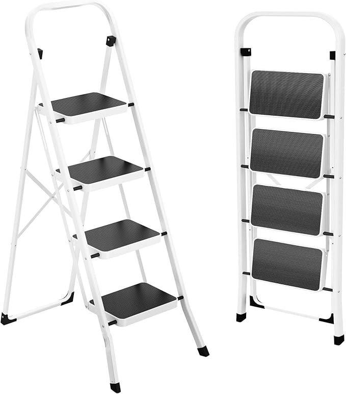 HBTower Step Ladder, Folding Step Stool for Adults with Anti-Slip Pedal, 330 lbs Capacity for Kitchen, Home, White