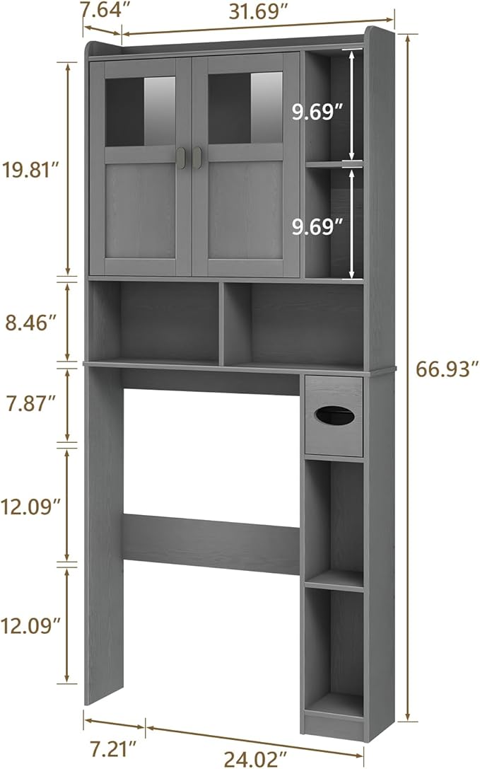 Vabches Over The Toilet Storage Cabinet, Bathroom Shelf Over Toilet with Glass Doors and Adjustable Shelves, Natural Grey Freestanding Home Space Save Toilet Rack, for Restroom, Bathroom, Laundry