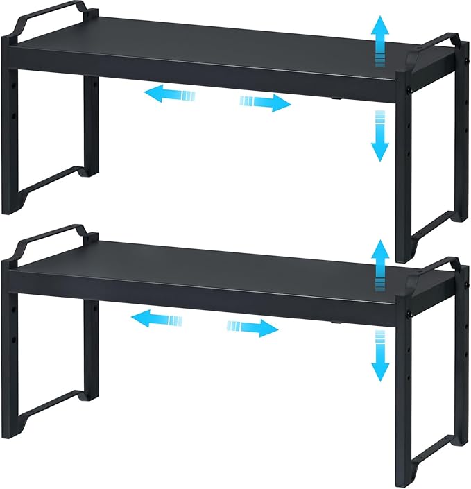 X-cosrack 25.5 Inches 2 Pack Expandable Cabinet Shelves, Stackable Shelf Organizer for Kitchen Cabinet Countertop Storage, Adjustable Counter Cupboard Pantry Organizer Shelf Rack Stand Riser, Black
