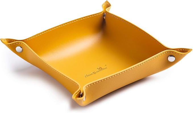 Leather Jewelry Valet Tray for Women and Man, Portable Entryway Table Tray Bedside Nightstand Desk Tray Small Catchall Travel Dish Plate for Key,Wallet,Watch,Coin (8x8, Yellow-B)