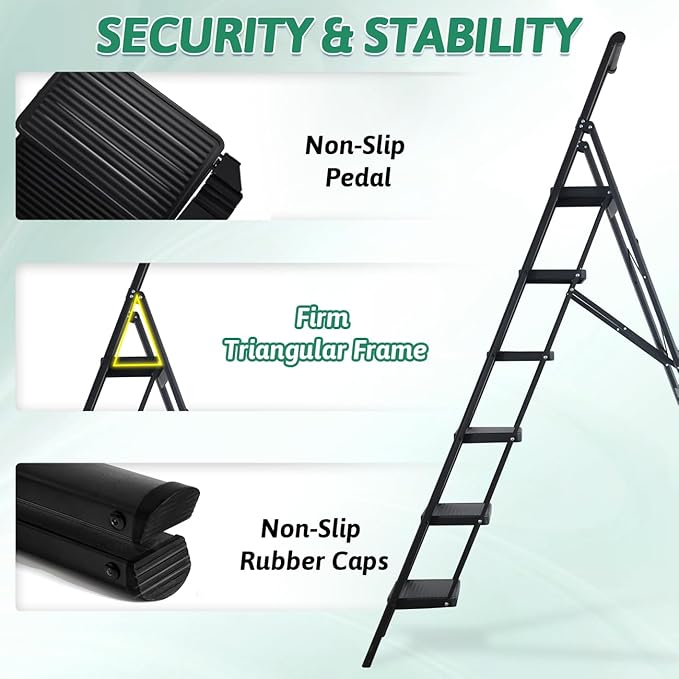 6 Step Ladder with Handrails, Heavy Duty Ladders for Home & Kitchen, Folding Ladder Easy to Store, Tall Ladder for Adults, Anti-Slip & Space-Saving Step Ladder, 330 Lbs Capacity