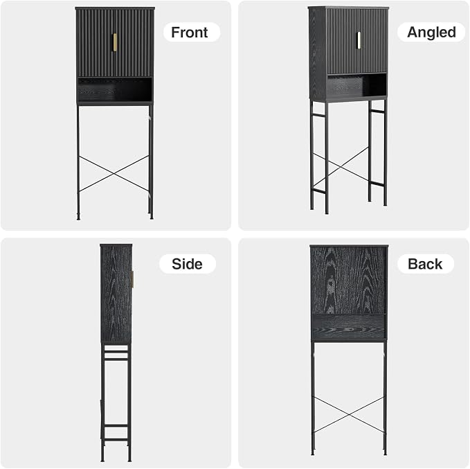 Over The Toilet Storage Cabinet with Fluted Doors and Adjustable Shelf, Tall Bathroom Organizer with Metal Stand Space Saver Over Toilet , Wood Rack for Bathroom, Restroom, Laundry, Natural Black