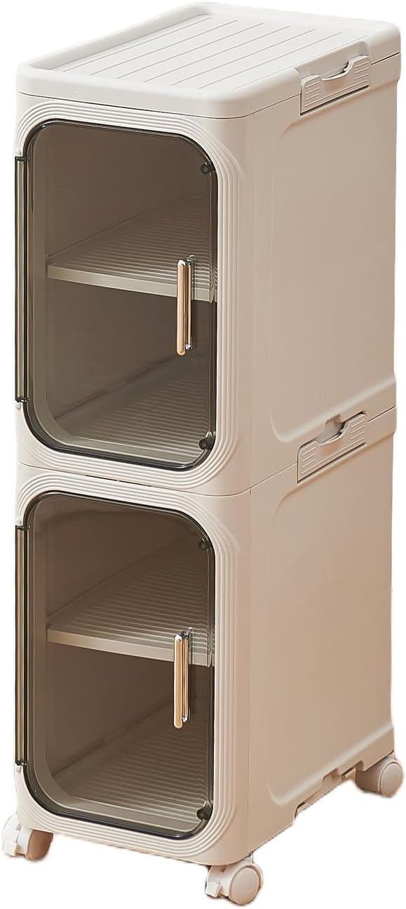UFORU 2-Tier Narrow Storage Cabinet with Magnetic Doors and Shelves, Plastic Slim Bathroom Organizers and Storage with Wheels for Small Spaces Bathroom, Kitchen, White