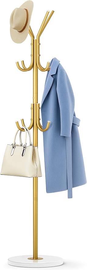 MISSLO Heavy Duty Coat Rack Freestanding with Stable Wood Base Modern Gold Coat Tree with 12 Hooks Adjustable Coats Hanger Stand Stylish Standing Clothes Tree for Entryway Bedroom Corner Hall