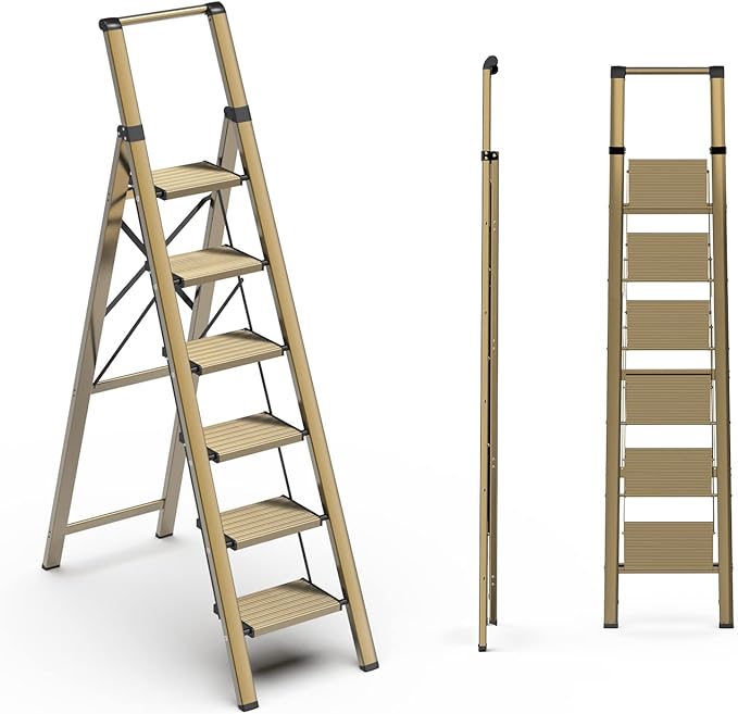 SOLADDER 6 Step Ladder, Folding Step Stool with Handgrip and Anti-Slip Wide Pedal, Portable Lightweight Aluminum Stepladder for Kitchen, Home, Library, Office (300 lbs Capacity) - Gold