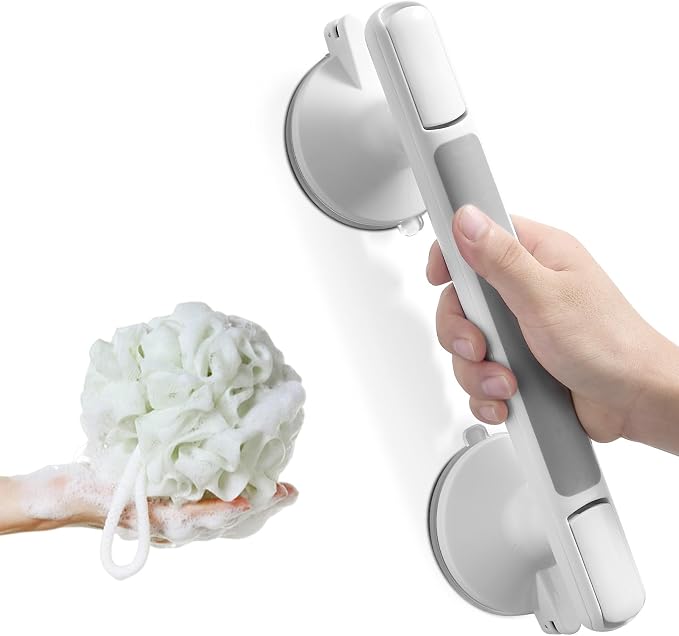 Grab Bar for Bathtubs and Showers, Zynuhmo 12 Inch Suction Cup Safety Grab Bar with 1PCS Bath Ball No Drilling Suction Shower Handrails for Seniors Elderly Kids Bathroom Assist Support(1Pack, Gray)