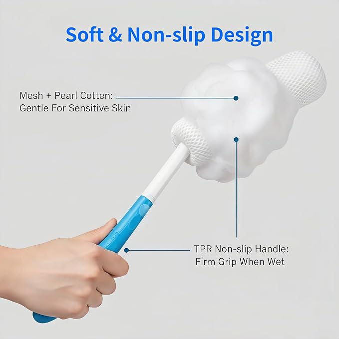 Long Handle Bath Brush for Elderly, Shower Scrubber for Back Exfoliation, Non-Slip Grip for Seniors & Pregnant Women, 15.35 Inch Body Scrubber for Effortless Independence, Blue