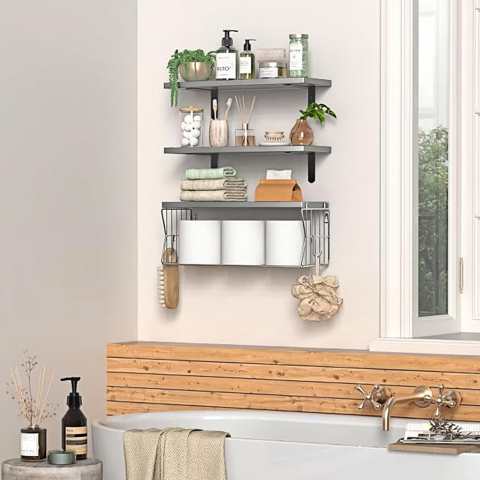 Floating Bathroom Shelves Wall Mounted - Wooden Shelf Set of 3 for Over Toilet Storage & Modern Bathroom Decor - Perfect Wall Shelving Organizer for Apartments RVs Powder Rooms Restroom - Grey