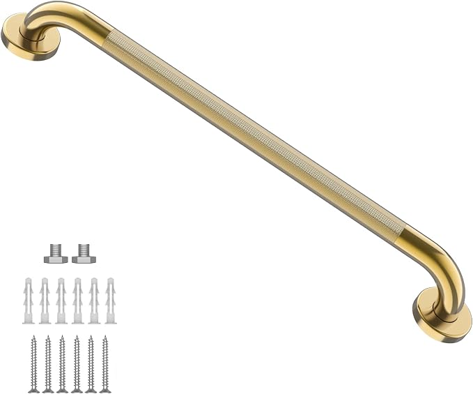 Gold Shower Grab Bar w/Anti-Slip Knurled Grip 32 Inch, Zepolu Wall Mounted Stainless Steel Bath Grab Bar,Safety Balanced Handrail, Handicap Injury Elderly Senior Assist Support Textured Handle