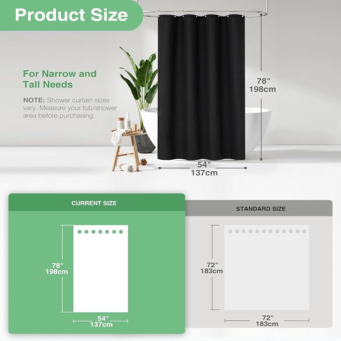 Dynamene Stall Fabric Shower Curtain - 54x78 inch Long Waffle Weave Weighted Thick Cloth Shower Curtains for Bathroom,Neutral Heavy Duty Hotel Spa Luxury Bath Curtain Set with 10 Plastic Hooks,Black