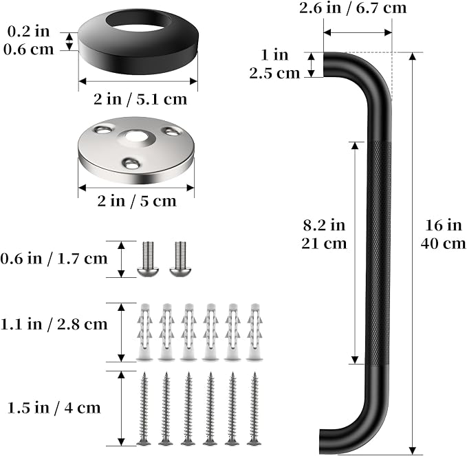 Black Grab Bar 16 Inch, iHansee Anti-Slip Bathroom Grab Bar w/Knurled Grip, Stainless Steel Safety Handrail for Toilet, Bathtub, Shower for Senior Elderly, Wall Mounted Matte Black Handicap Bars