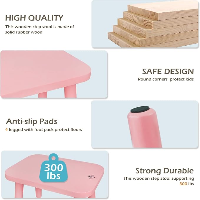 BEE&OAK 13.4 Inch Heavy Duty Wooden Step Stools for Adults - Non Slip, 300 LBS Capacity, Easy Assembly - Ideal Step Stool for High Beds, Kitchen, Bathroom, Office, Garden (Pink)