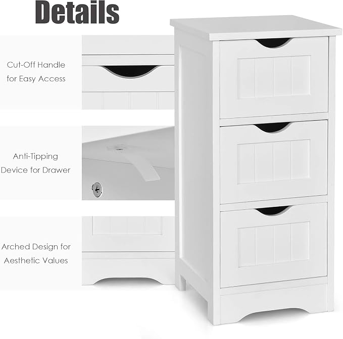 Floor Cabinet with 3 Drawers, Freestanding Side Storage Organizer, Wooden Storage Cabinet for Bathroom Home Office Living Room(White)