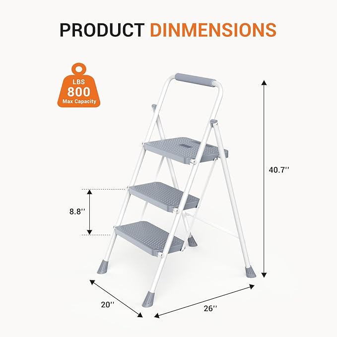 Sweetcrispy 3 Step Ladder, 800lbs Sturdy Portable Ladder, Folding Step Stool with Wide Anti-Slip Pedal, Cushioned Handle, Lightweight Step Stool for Home Kitchen and Outdoor, Grey