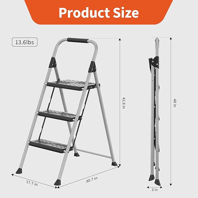 DIAMONDFORGE 3-Step Ladder Folding Step Stool with Anti-Slip Wide Pedal & Soft Handle, Heavy Duty Steel Construction, 900 lbs Capacity for Home & Office, Grey