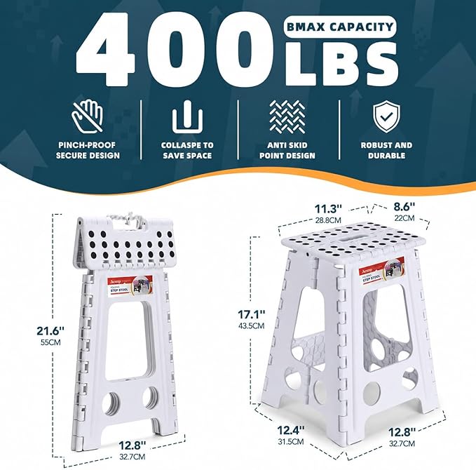 ACSTEP Folding Step Stool 17.5 Inch Heavy Duty Step Stool Foldable for Adults and Kids, Collapsible Stepping Stool with Handle, Non Slip Folding Stools for Kitchen Hold Up to 400lbs (White 1PC)
