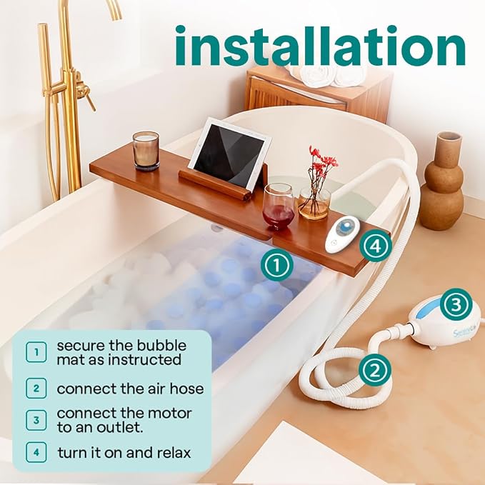 SereneLife Bubble Bath Mat for Bathtub | Motorized Air Pump Spa Bath Mat with Remote Control, Adjustable Bubbles, Non-Slip Base & Aroma Clip | Full Body Support 47" Waterproof Jacuzzi Mats for Bathtub