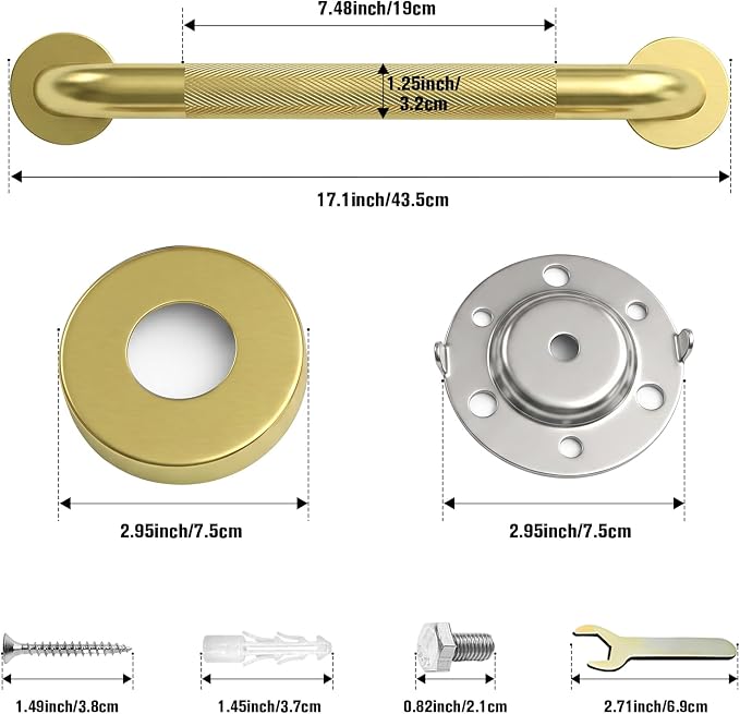 16 Inch Gold Grab Bars for Shower 2 Pack,1.25'' Diameter Heavy Duty Stainless Steel Anti-Slip Bathroom Safety Handicap Grab Bar for Shower, Bathtub & Toilet, Wall Mounted, Supports 500lbs