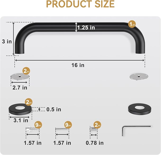 AmazerBath Shower Grab Bars for Seniors Anti Slip, Bath Safety Grab Bar for Needy, Stainless Steel Bathroom Safety Grab Bars, Thickened Bar Bigger Base Holds 500LBS, 16" L x 1.25" D, Black